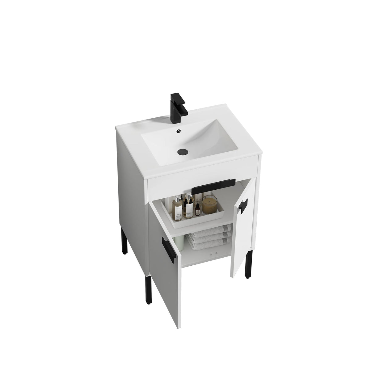 Blossom Bari 24" 2-Door White Freestanding Single Vanity Base With Adjustable Shelf, Matte Black Handles & Legs