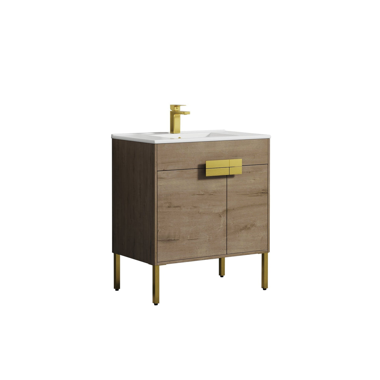 Blossom Bari 30" 2-Door Classic Oak Freestanding Single Vanity Base With Adjustable Shelf, Brushed Gold Handles & Legs