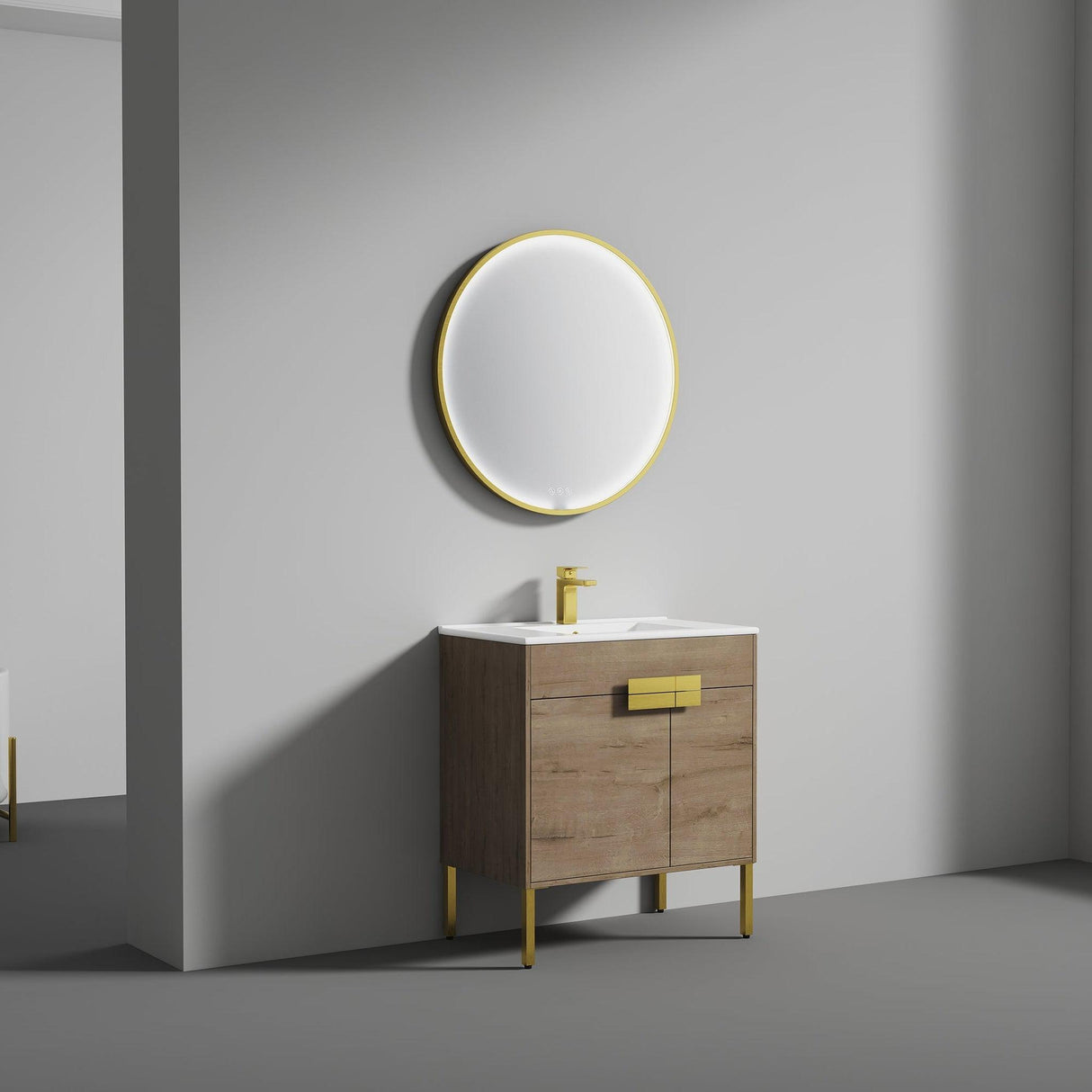 Blossom Bari 30" 2-Door Classic Oak Freestanding Single Vanity Base With Adjustable Shelf, Brushed Gold Handles & Legs