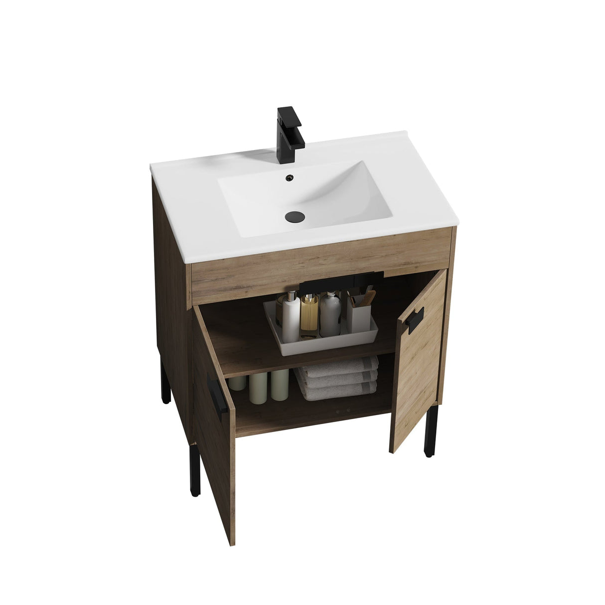 Blossom Bari 30" 2-Door Classic Oak Freestanding Single Vanity Base With Adjustable Shelf, Matte Black Handles & Legs