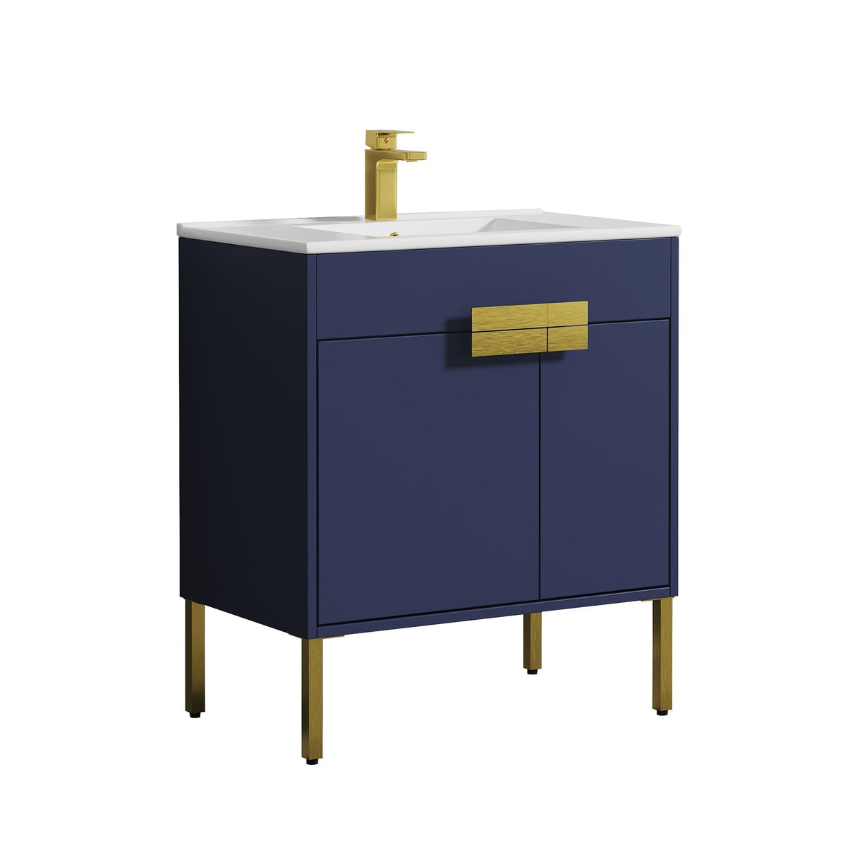 Blossom Bari 30" 2-Door Navy Blue Freestanding Single Vanity Base With Adjustable Shelf, Brushed Gold Handles & Legs