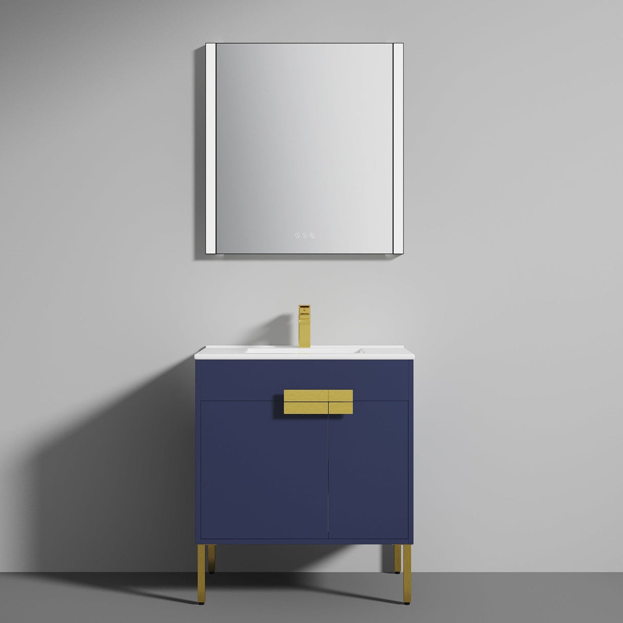 Blossom Bari 30" 2-Door Navy Blue Freestanding Single Vanity Base With Adjustable Shelf, Brushed Gold Handles & Legs