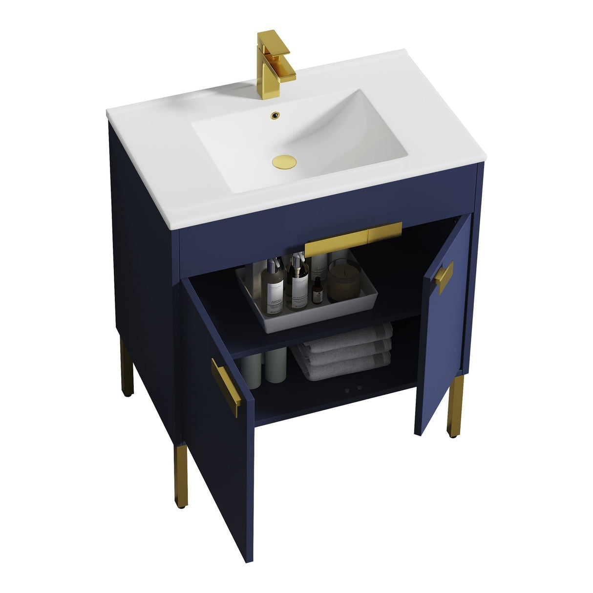 Blossom Bari 30" 2-Door Navy Blue Freestanding Single Vanity Base With Adjustable Shelf, Brushed Gold Handles & Legs