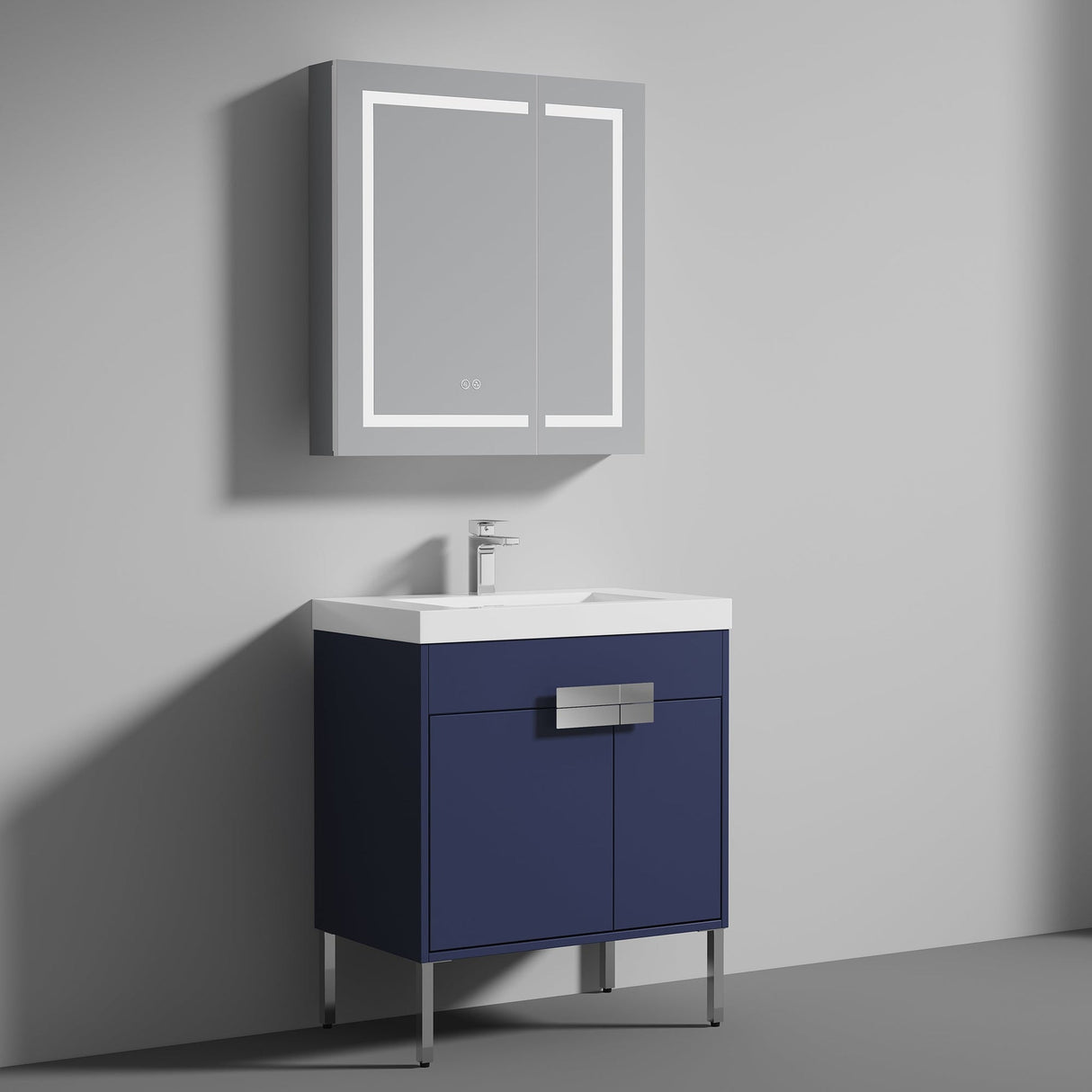 Blossom Bari 30" 2-Door Navy Blue Freestanding Single Vanity Base With Adjustable Shelf, Chrome Handles & Legs