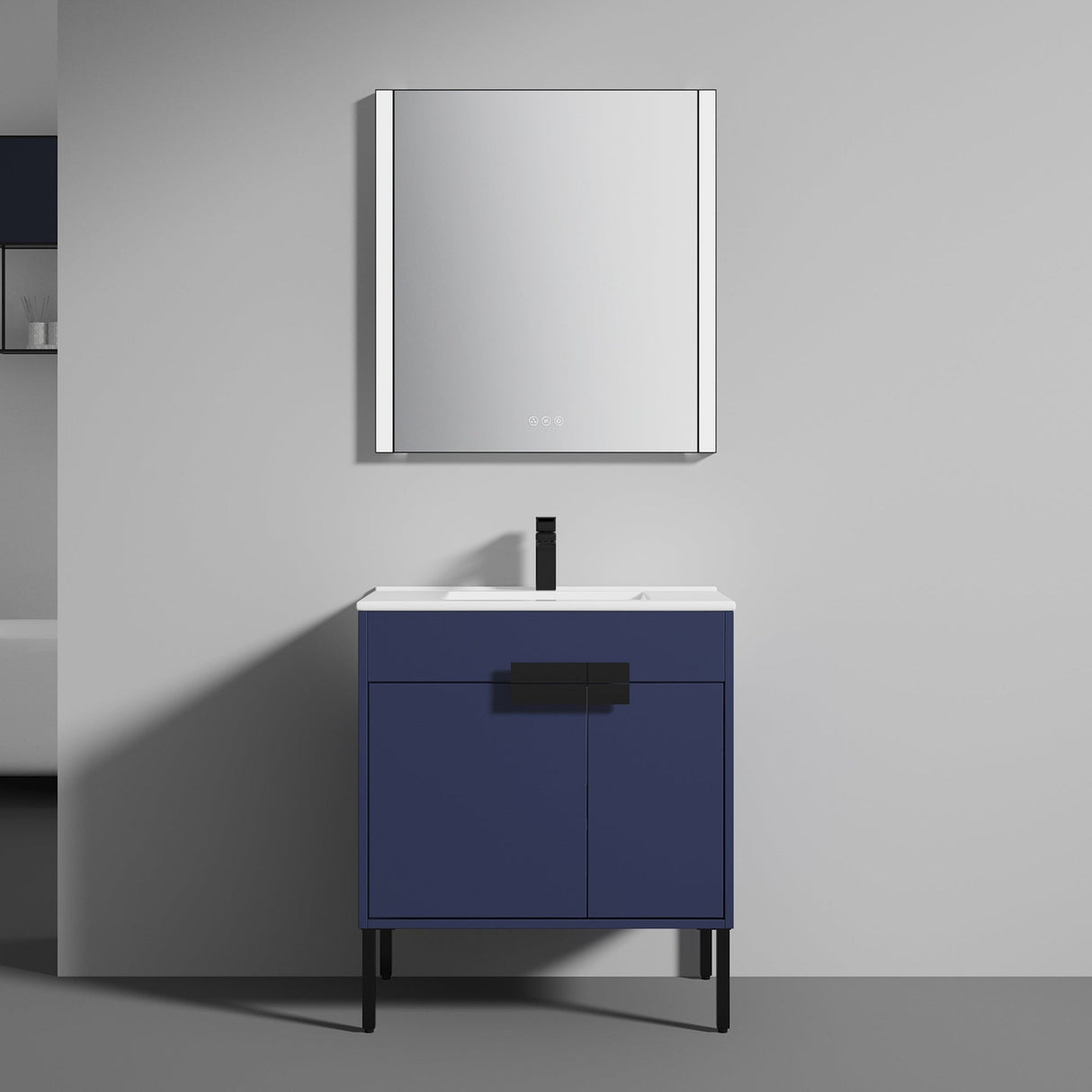 Blossom Bari 30" 2-Door Navy Blue Freestanding Single Vanity Base With Adjustable Shelf, Matte Black Handles & Legs