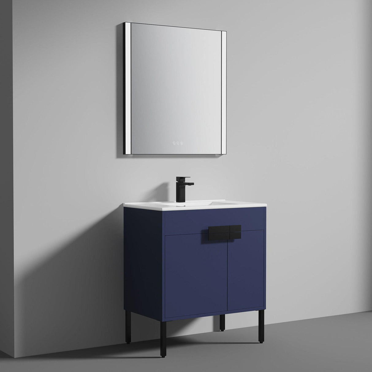 Blossom Bari 30" 2-Door Navy Blue Freestanding Single Vanity Base With Adjustable Shelf, Matte Black Handles & Legs