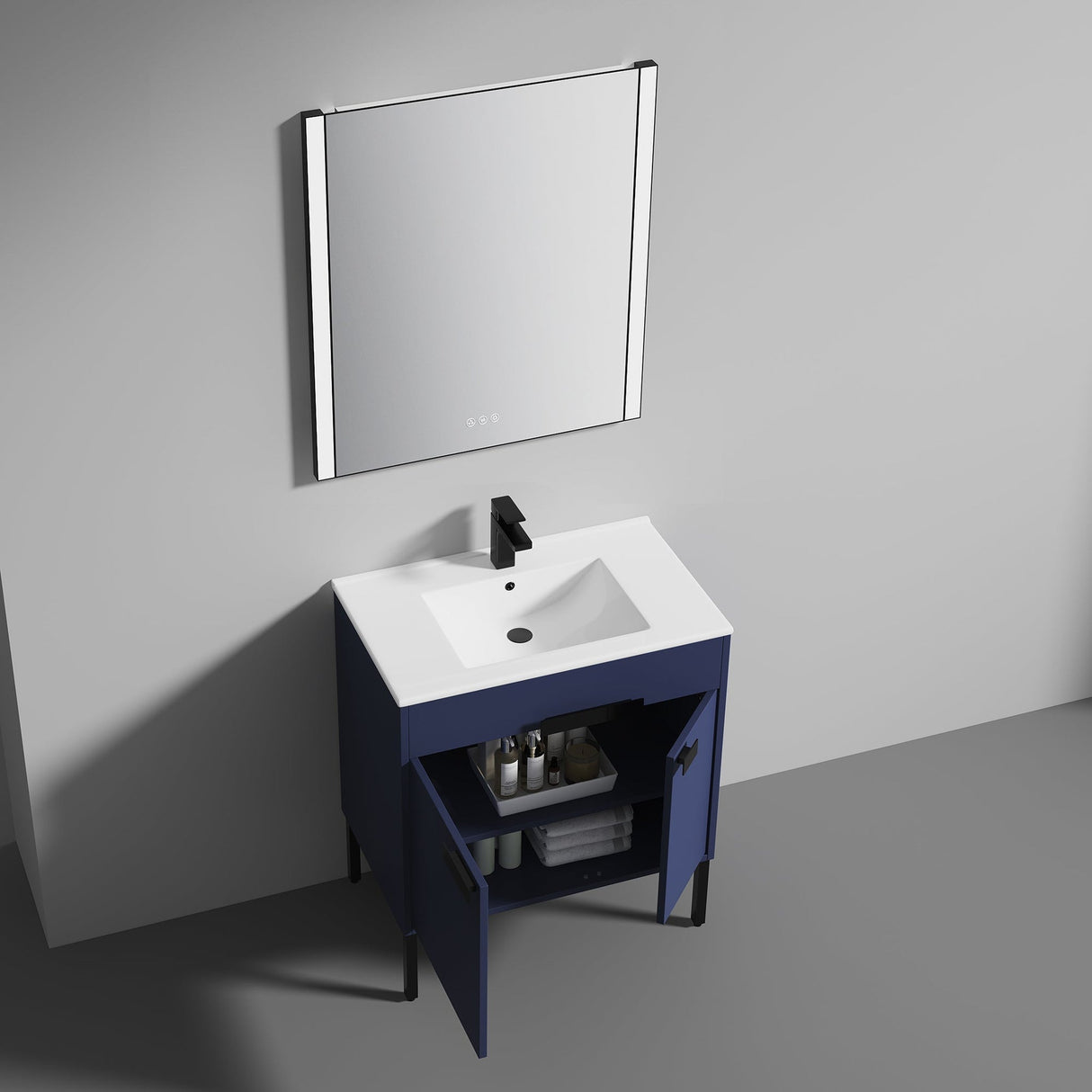 Blossom Bari 30" 2-Door Navy Blue Freestanding Single Vanity Base With Adjustable Shelf, Matte Black Handles & Legs
