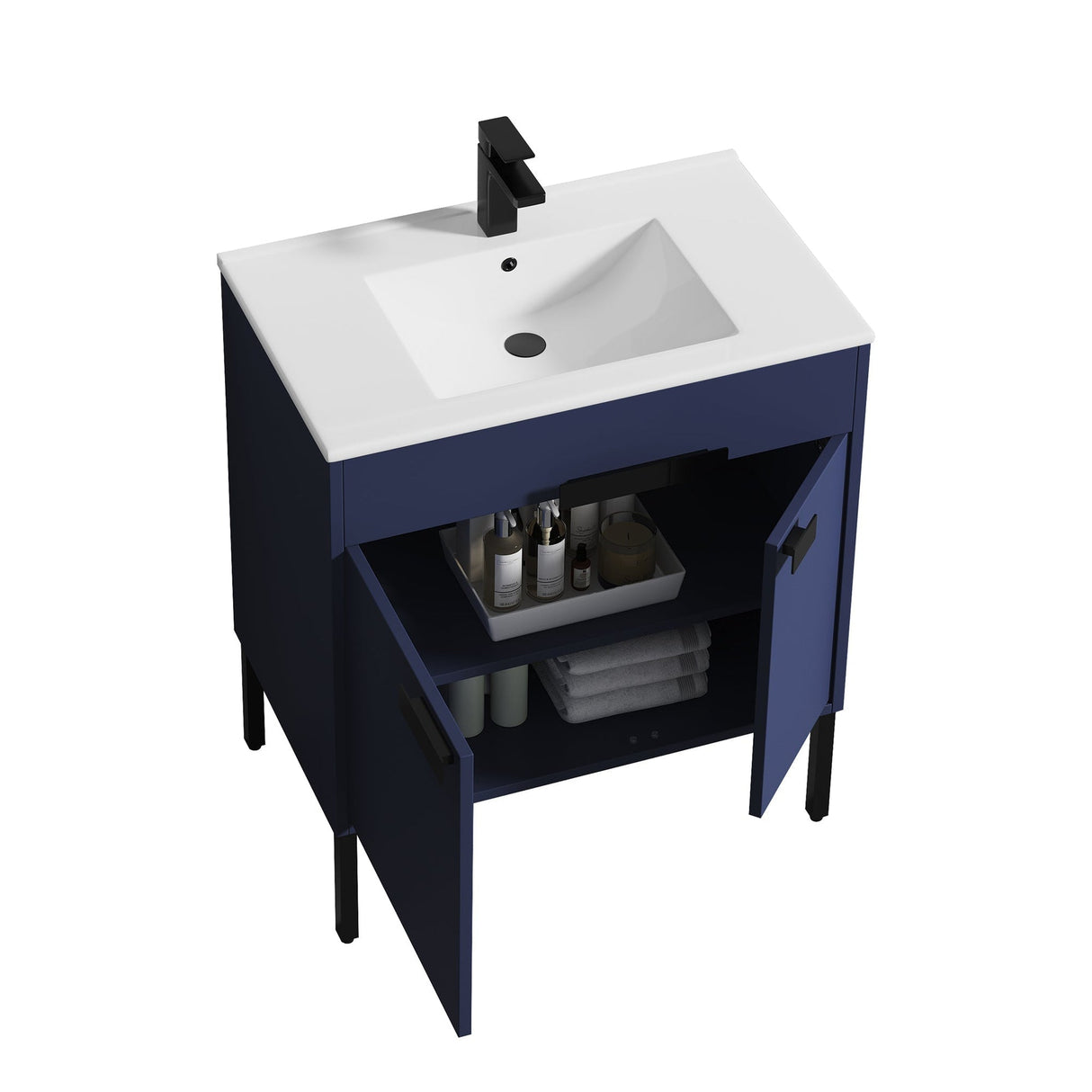 Blossom Bari 30" 2-Door Navy Blue Freestanding Single Vanity Base With Adjustable Shelf, Matte Black Handles & Legs