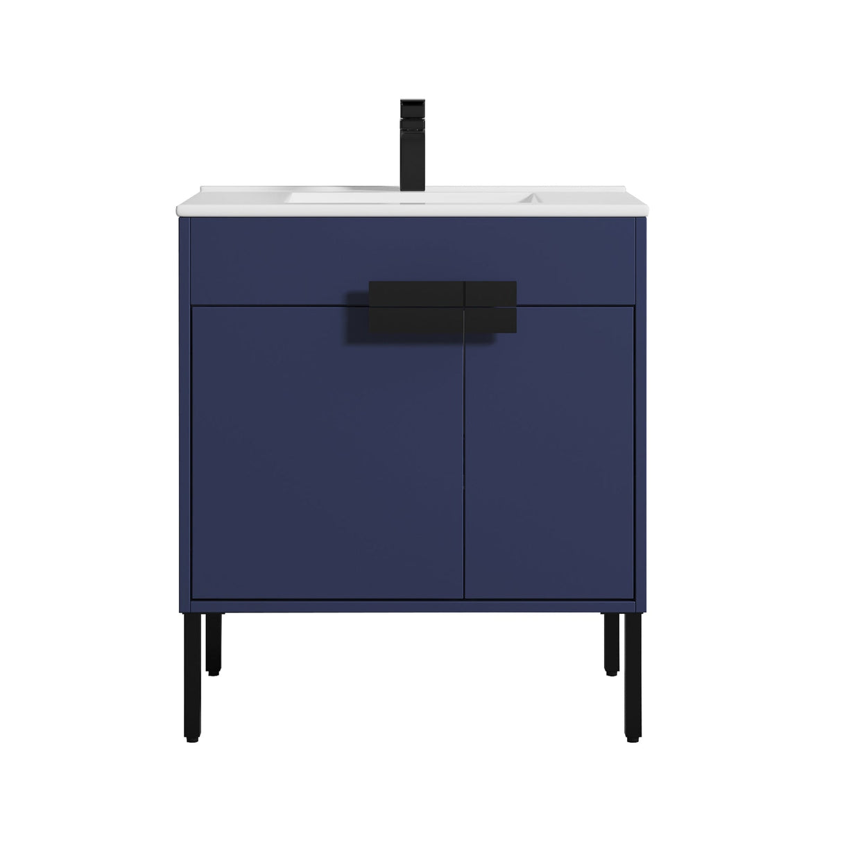 Blossom Bari 30" 2-Door Navy Blue Freestanding Single Vanity Base With Adjustable Shelf, Matte Black Handles & Legs