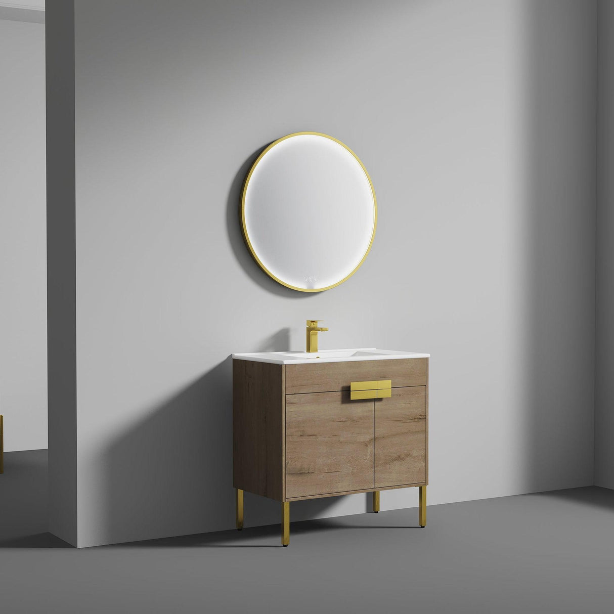 Blossom Bari 36" 2-Door Classic Oak Freestanding Single Vanity Base With Adjustable Shelf, Brushed Gold Handles & Legs