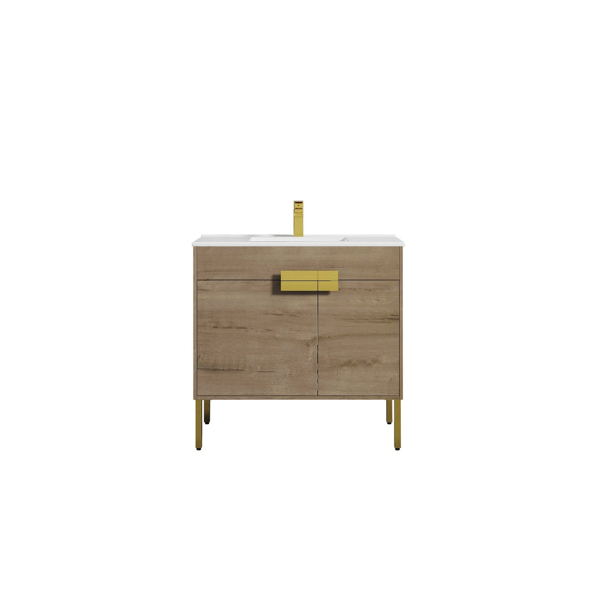 Blossom Bari 36" 2-Door Classic Oak Freestanding Single Vanity Base With Adjustable Shelf, Brushed Gold Handles & Legs