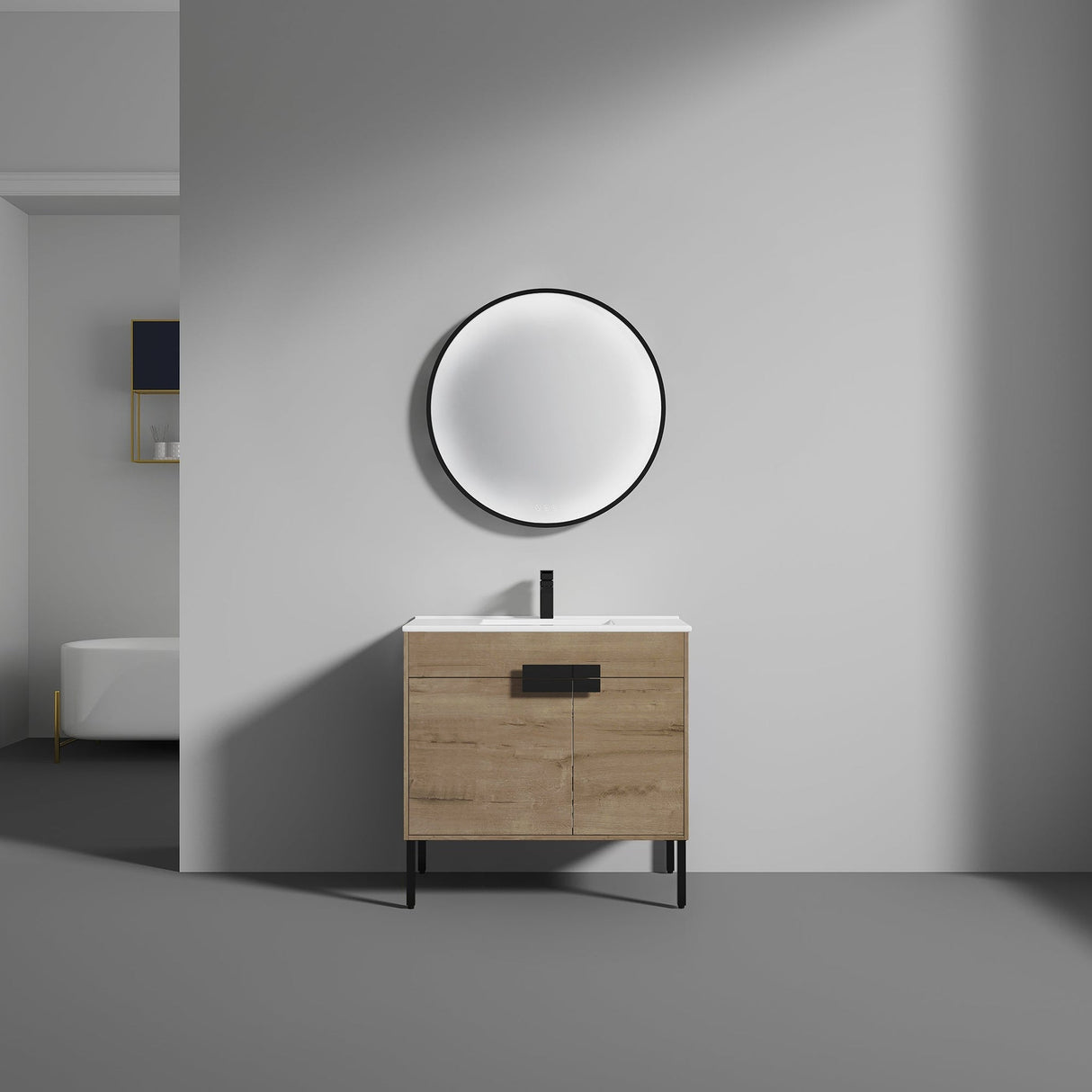 Blossom Bari 36" 2-Door Classic Oak Freestanding Single Vanity Base With Adjustable Shelf, Matte Black Handles & Legs