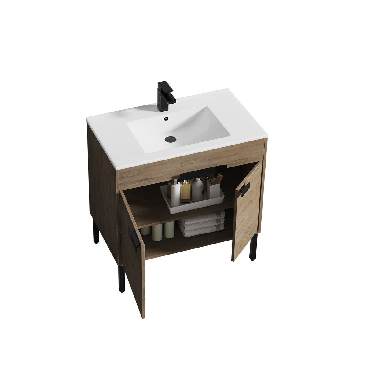 Blossom Bari 36" 2-Door Classic Oak Freestanding Single Vanity Base With Adjustable Shelf, Matte Black Handles & Legs