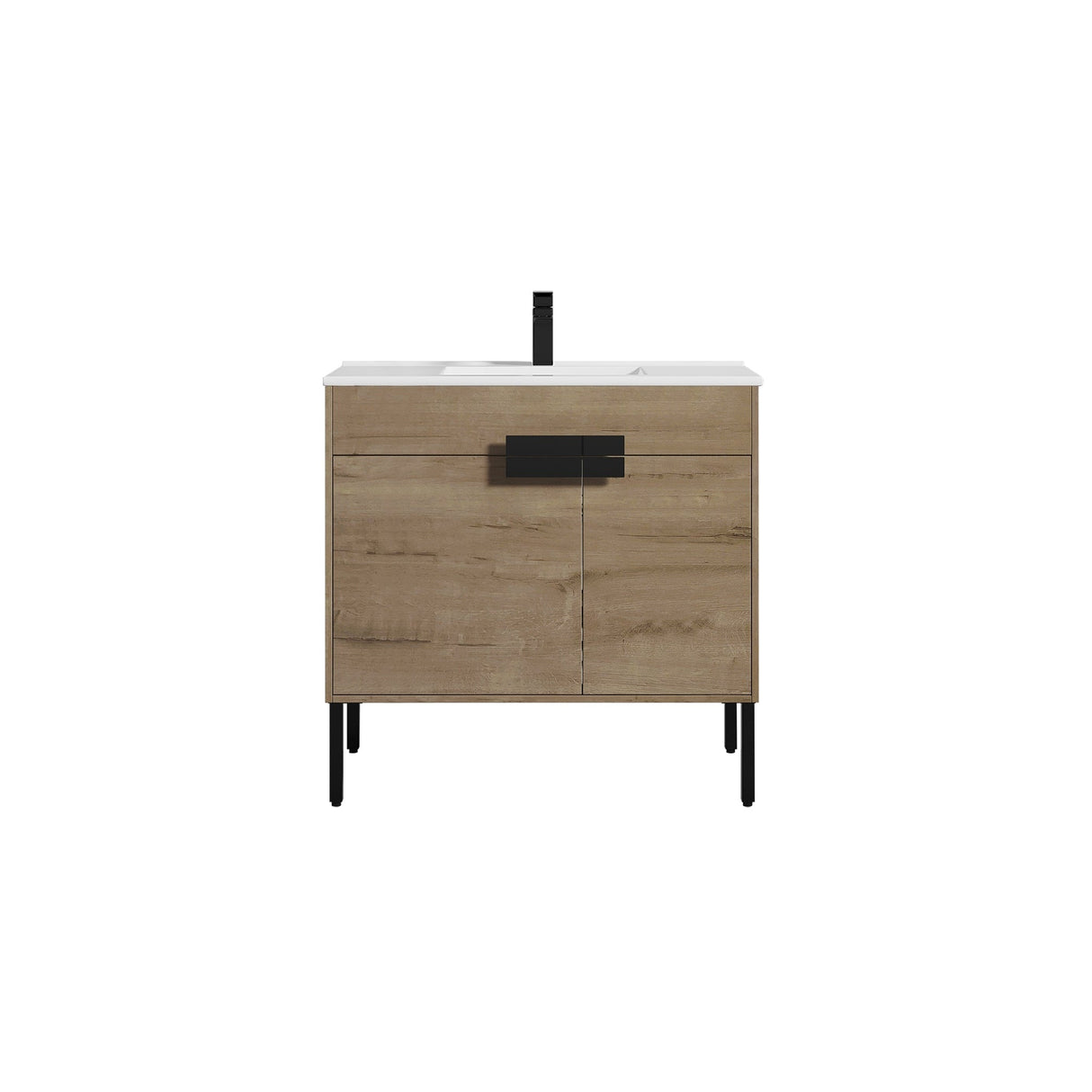 Blossom Bari 36" 2-Door Classic Oak Freestanding Single Vanity Base With Adjustable Shelf, Matte Black Handles & Legs
