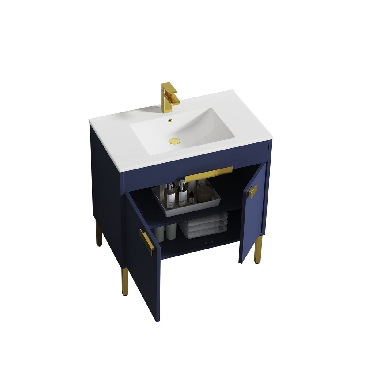 Blossom Bari 36" 2-Door Navy Blue Freestanding Single Vanity Base With Adjustable Shelf, Brushed Gold Handles & Legs