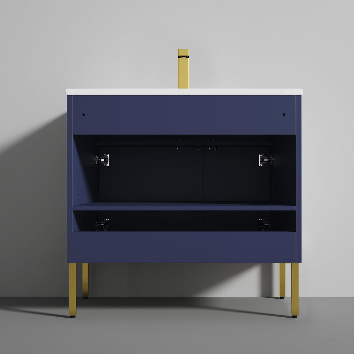 Blossom Bari 36" 2-Door Navy Blue Freestanding Single Vanity Base With Adjustable Shelf, Brushed Gold Handles & Legs