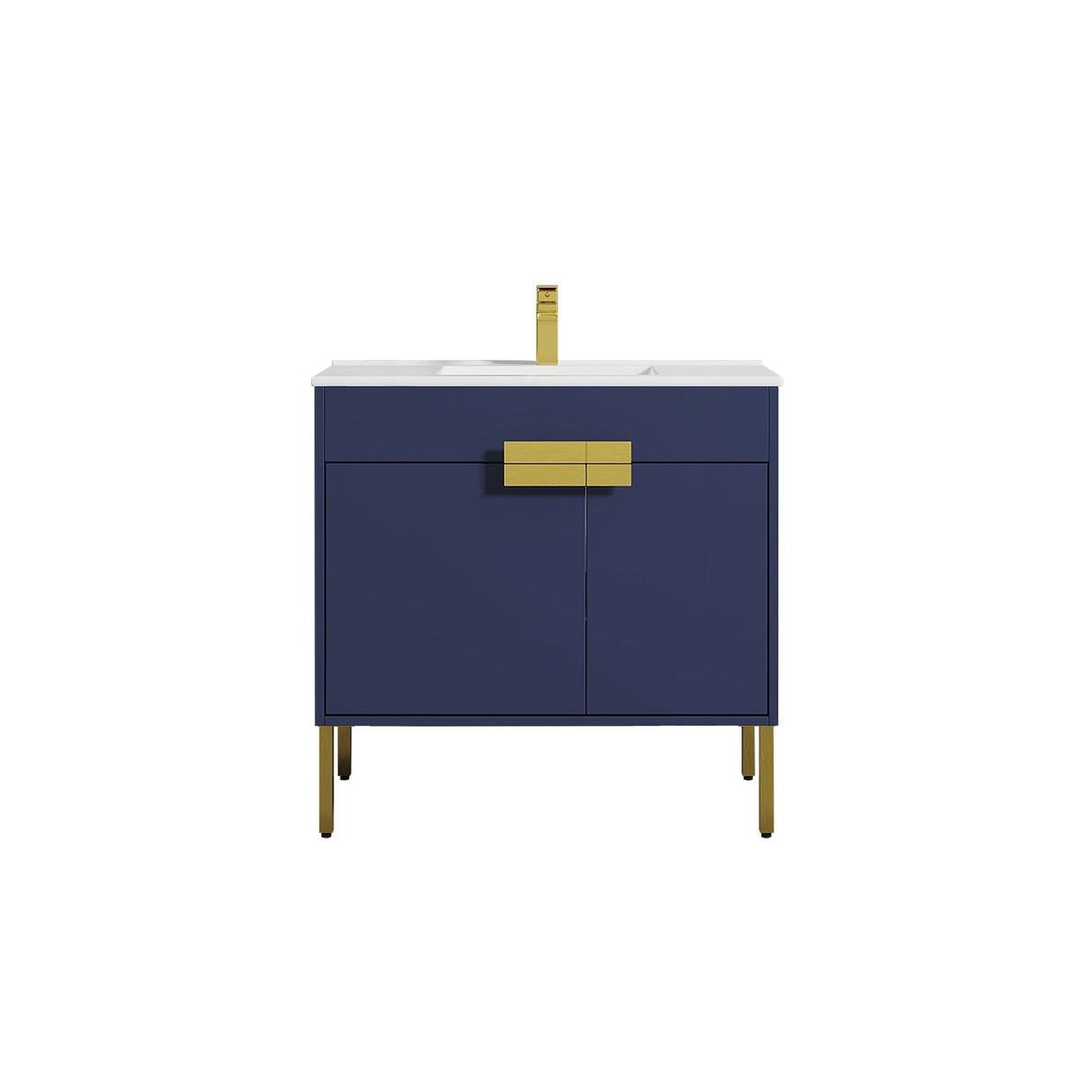 Blossom Bari 36" 2-Door Navy Blue Freestanding Single Vanity Base With Adjustable Shelf, Brushed Gold Handles & Legs