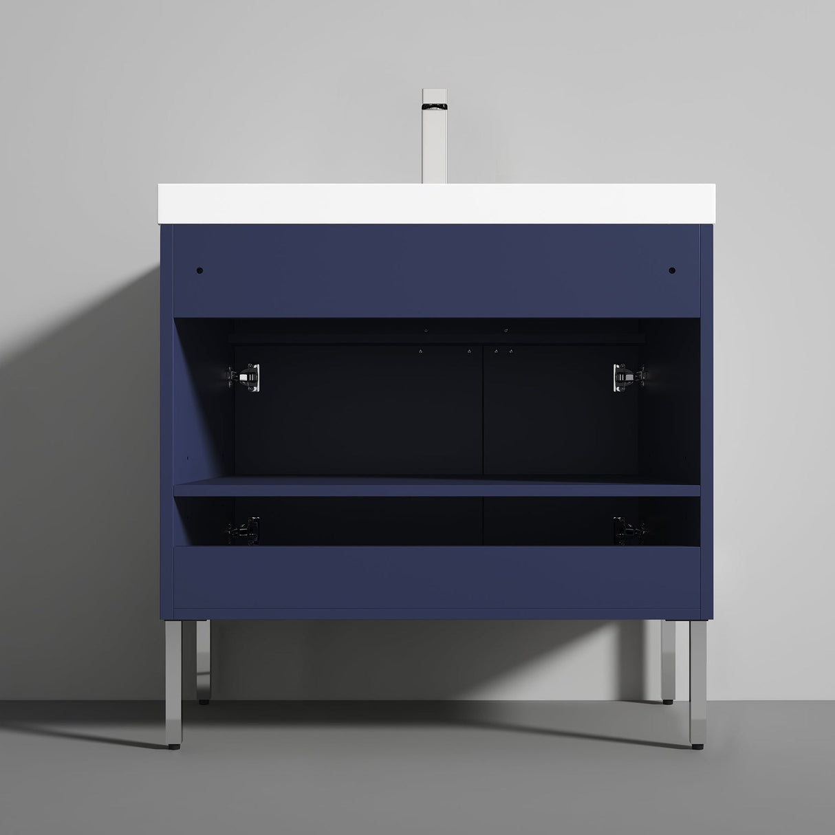 Blossom Bari 36" 2-Door Navy Blue Freestanding Single Vanity Base With Adjustable Shelf, Chrome Handles & Legs