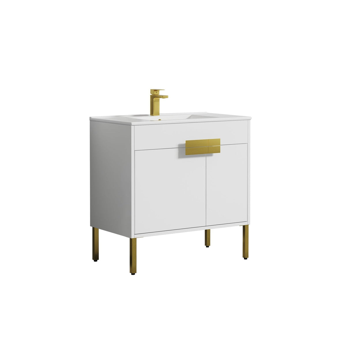 Blossom Bari 36" 2-Door White Freestanding Single Vanity Base With Adjustable Shelf, Brushed Gold Handles & Legs