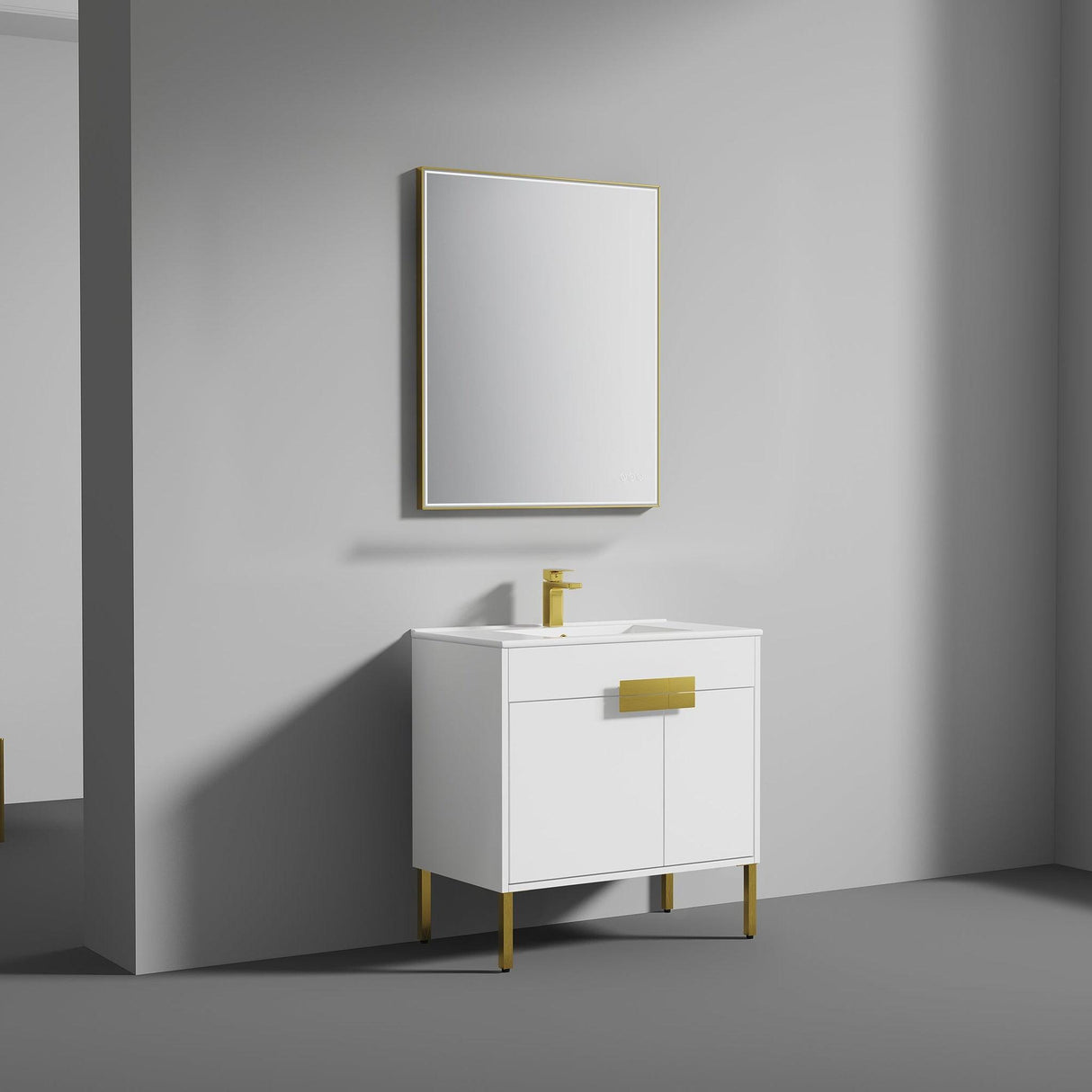 Blossom Bari 36" 2-Door White Freestanding Single Vanity Base With Adjustable Shelf, Brushed Gold Handles & Legs