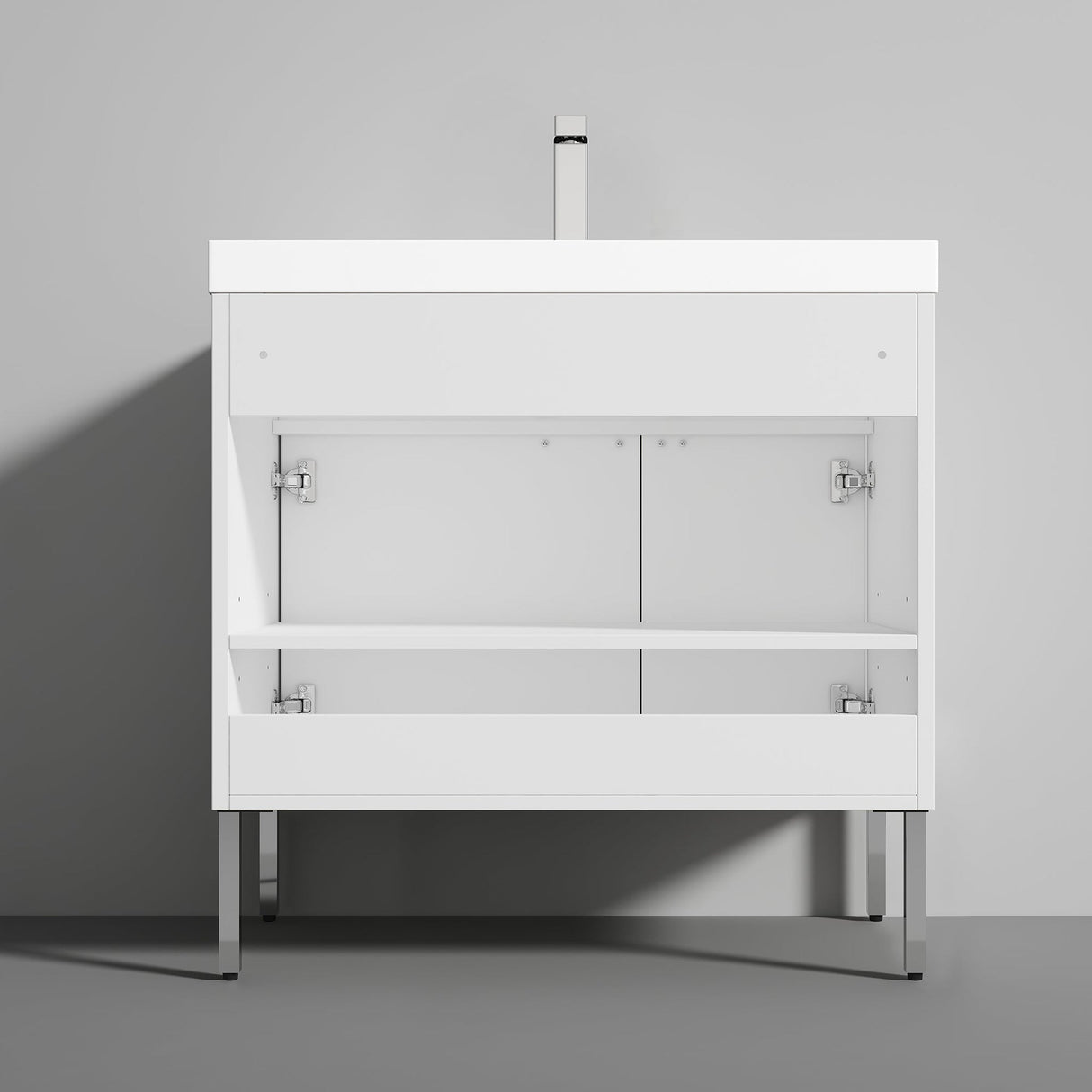 Blossom Bari 36" 2-Door White Freestanding Single Vanity Base With Adjustable Shelf, Chrome Handles & Legs