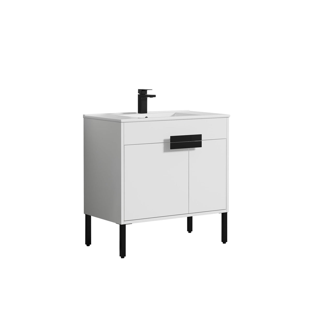Blossom Bari 36" 2-Door White Freestanding Single Vanity Base With Adjustable Shelf, Matte Black Handles & Legs