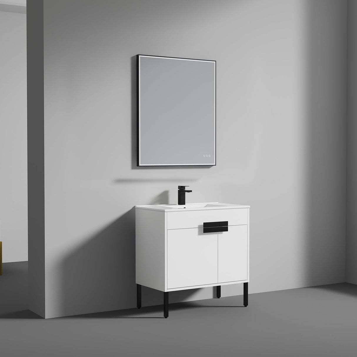 Blossom Bari 36" 2-Door White Freestanding Single Vanity Base With Adjustable Shelf, Matte Black Handles & Legs