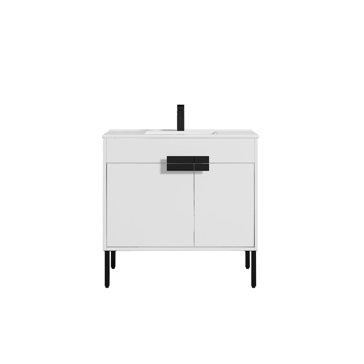 Blossom Bari 36" 2-Door White Freestanding Single Vanity Base With Adjustable Shelf, Matte Black Handles & Legs