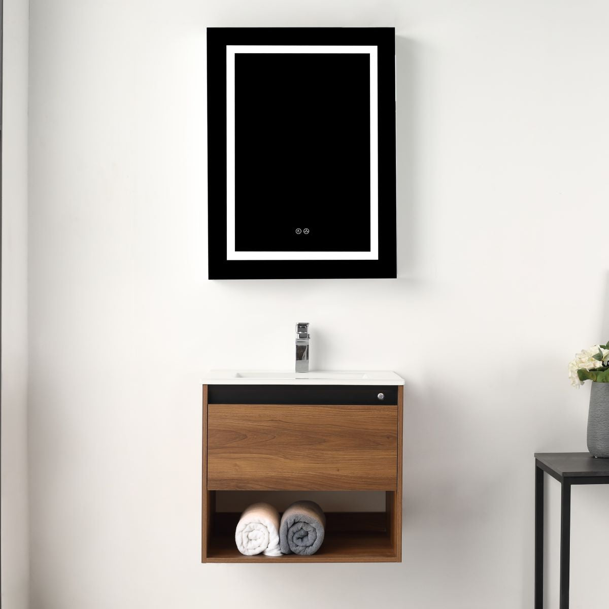 Blossom Bergen 24" Brown Walnut Vanity With Dual LED Lights and Open Shelf