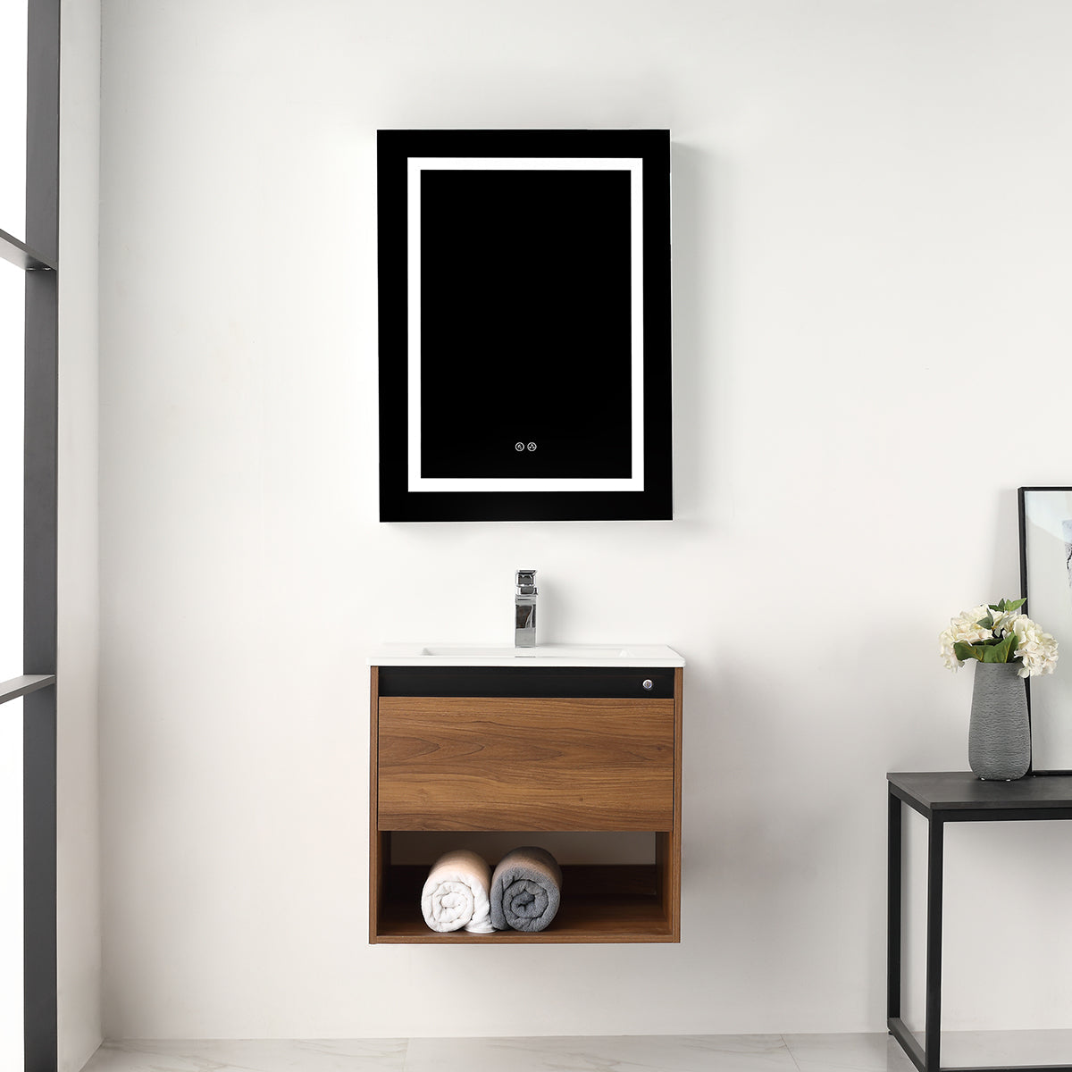 Blossom Bergen 24" Brown Walnut Vanity With Dual LED Lights and Open Shelf