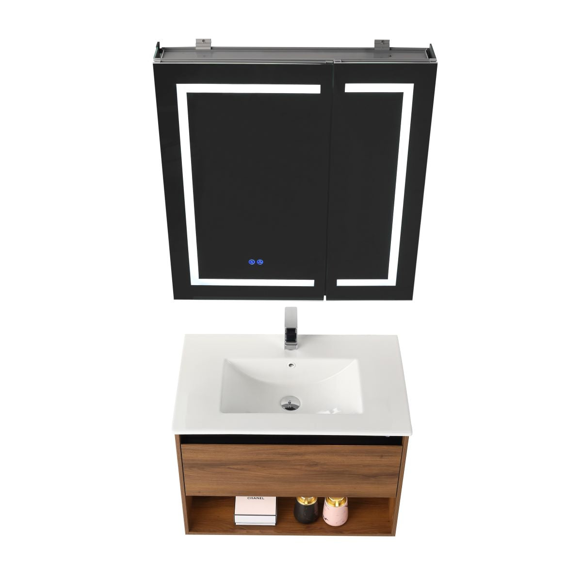 Blossom Bergen 30" Brown Walnut Vanity With Dual LED Lights and Open Shelf