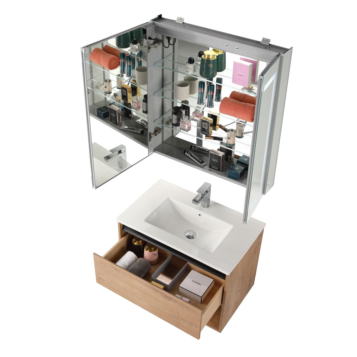 Blossom Bergen 30" Classic Oak Vanity With Dual LED Lights and Open Shelf