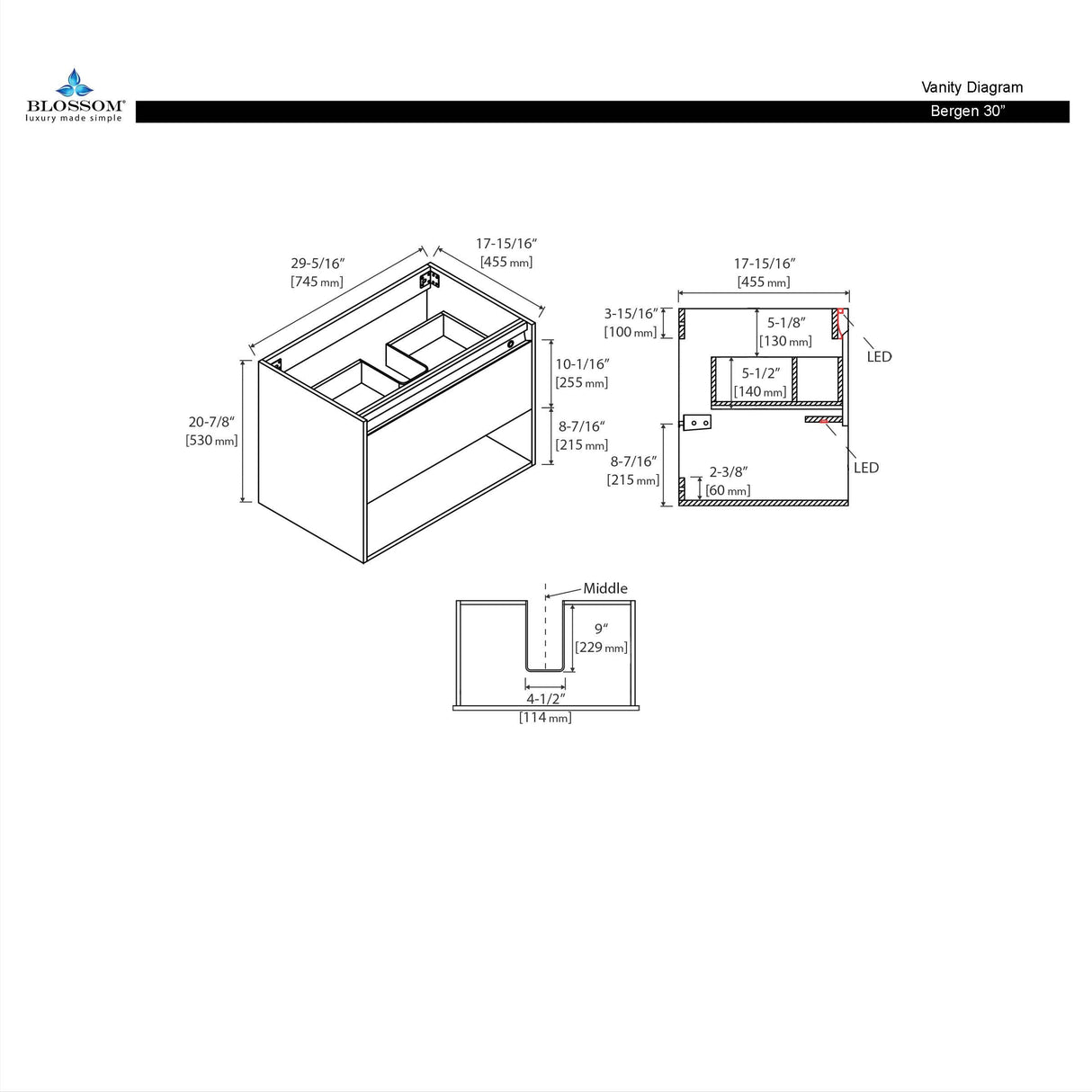 Blossom Bergen 30" Classic Oak Vanity With Dual LED Lights and Open Shelf