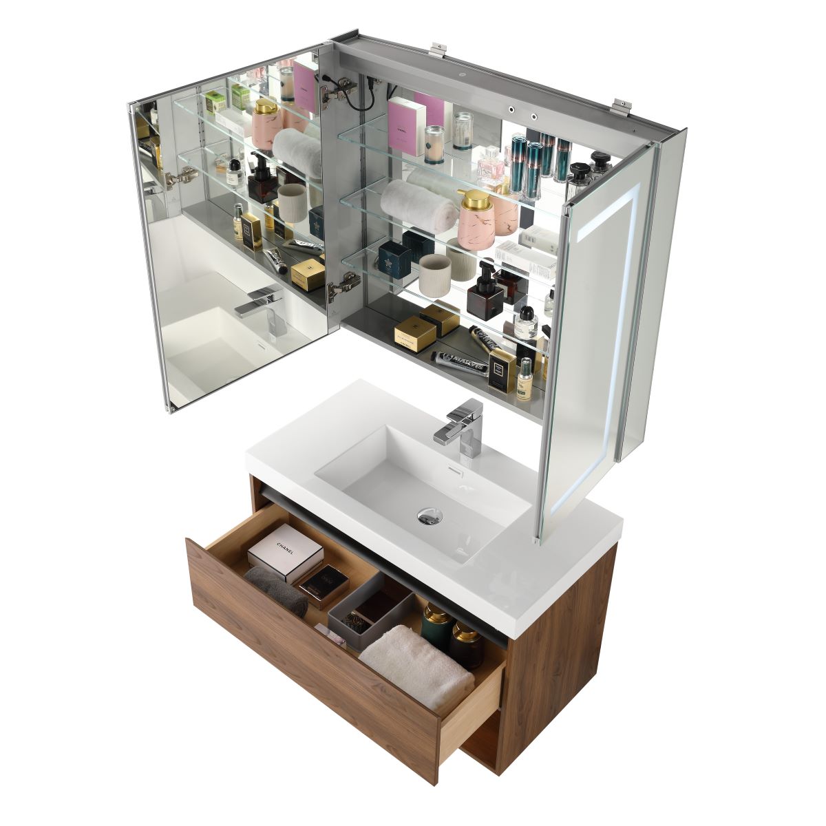 Blossom Bergen 36" Brown Walnut Vanity With Dual LED Lights and Open Shelf