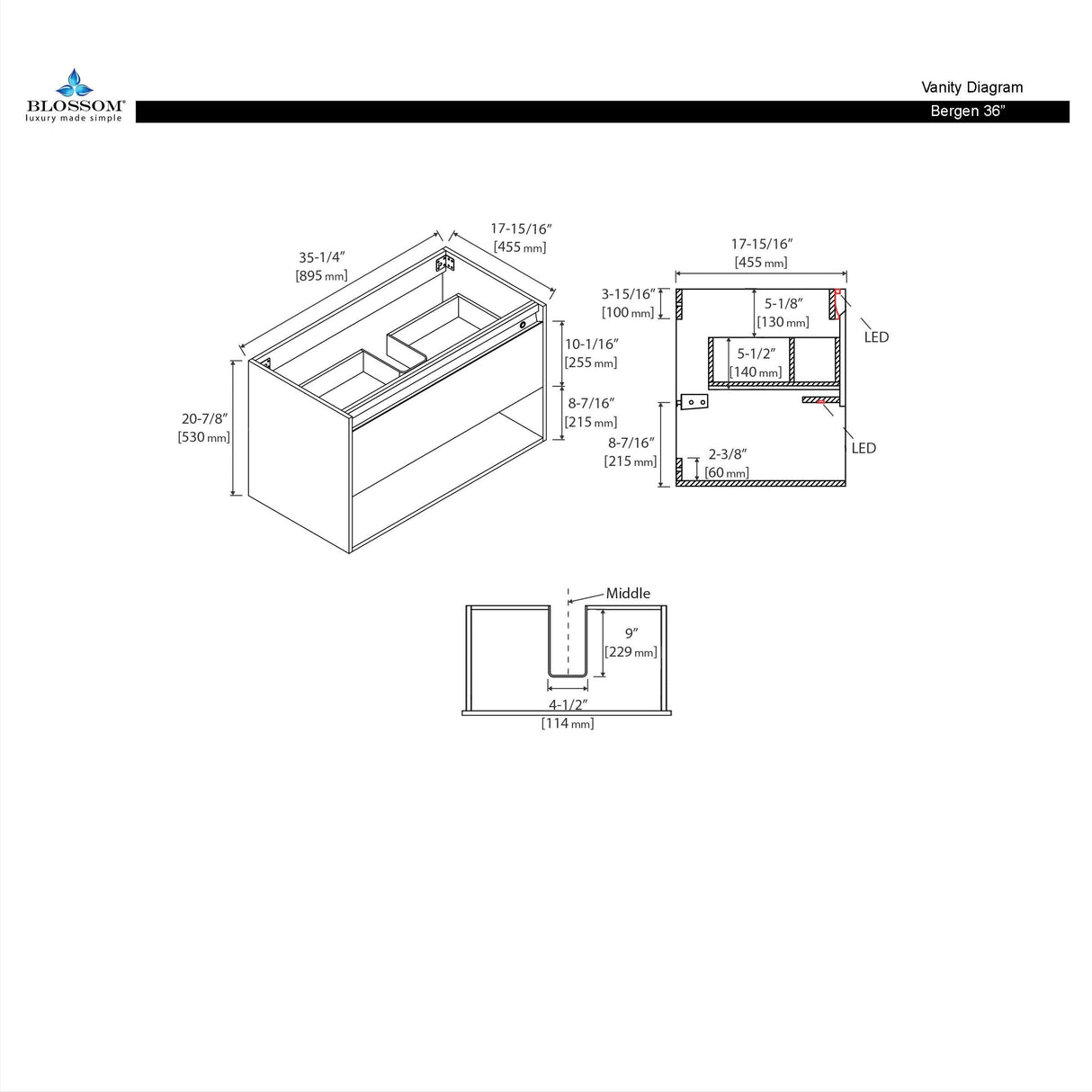 Blossom Bergen 36" Classic Oak Vanity With Dual LED Lights and Open Shelf