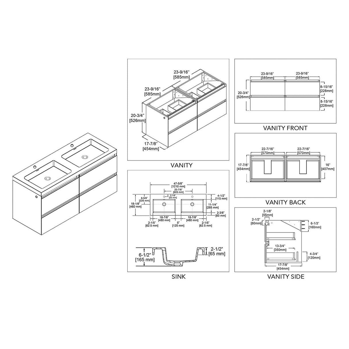 Blossom Jena 48" 2-Drawer Light Gray Wall-Mounted Vanity Set With Acrylic Top and Integrated Double Sinks