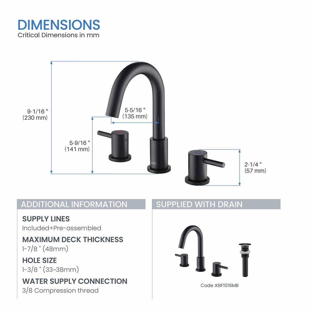 Blossom KBF1016 10" x 15" Matte Black Two Handle Design Wide Spread Bathroom Sink Faucet