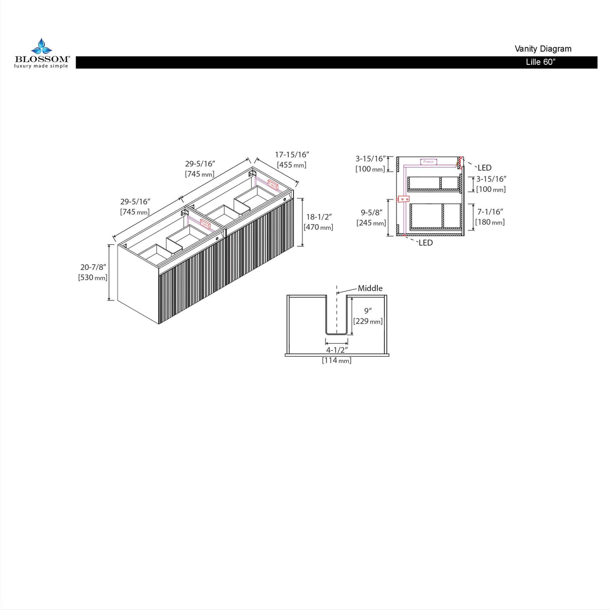 Blossom Lille 60" Brown Walnut Strip Double Vanity