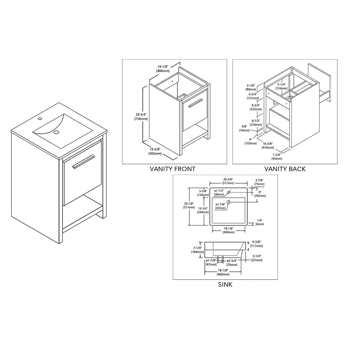Blossom Milan 20" 1-Drawer Silver Gray Freestanding Vanity Set With Ceramic Drop-In Single Sink