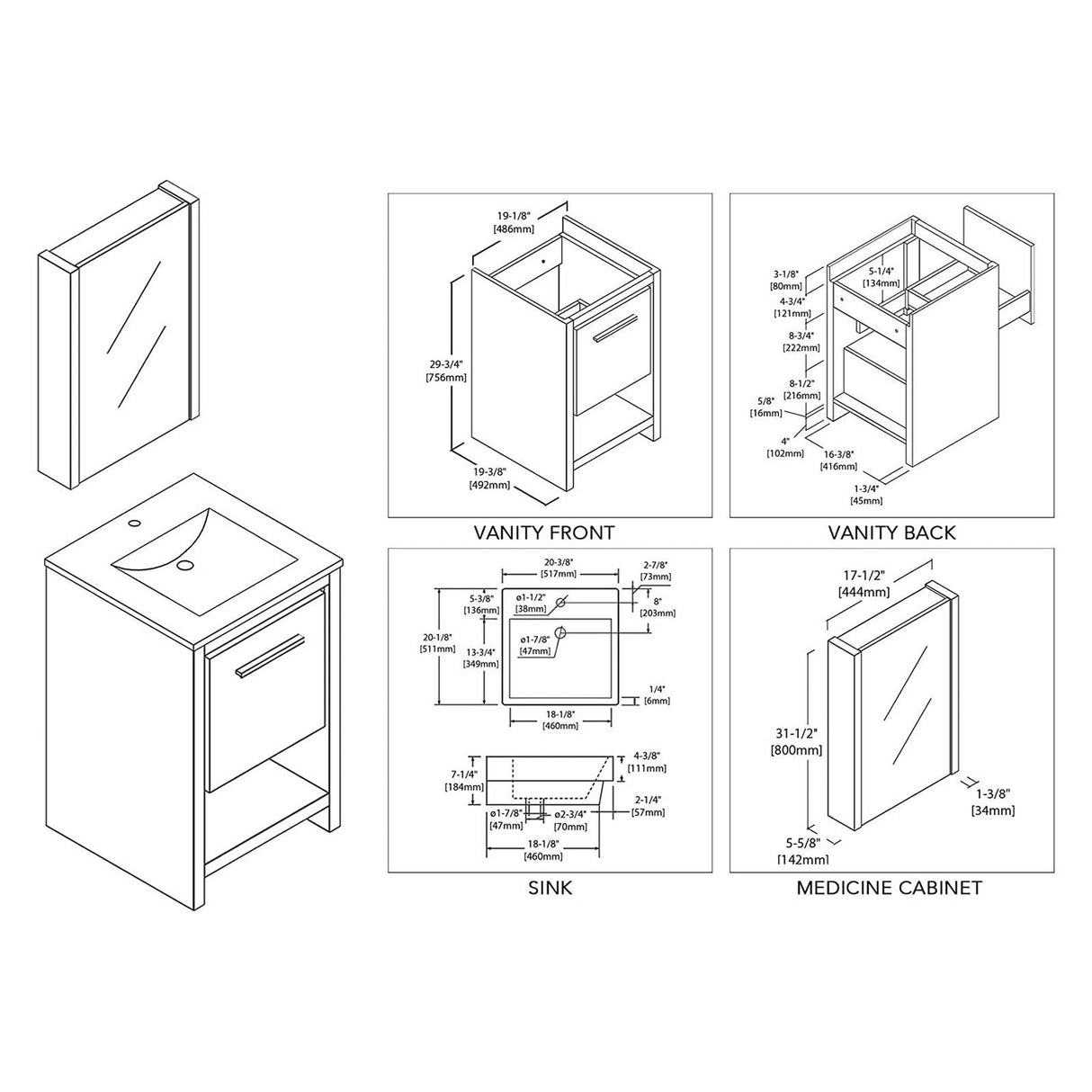 Blossom Milan 20" 1-Drawer White Freestanding Vanity Set With Ceramic Drop-In Single Sink And Mirrored Medicine Cabinet