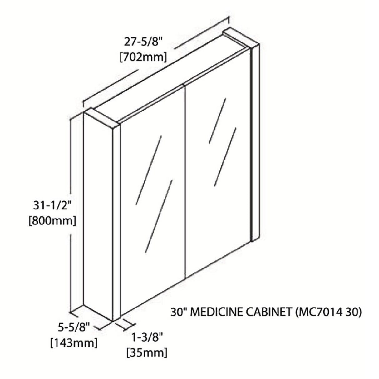 Blossom Milan 30" x 32" Glossy White Recessed or Surface Mount 2-Door Mirror Medicine Cabinet With Adjustable Wood Shelves and Soft-Closing Hinges