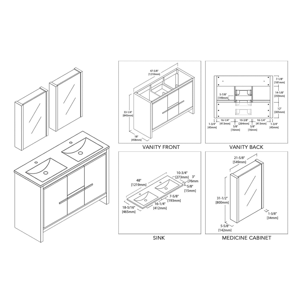 Blossom Milan 48" 2-Door 2-Drawer White Freestanding Vanity With Ceramic Drop-In Double Sinks And Mirrored Medicine Cabinet