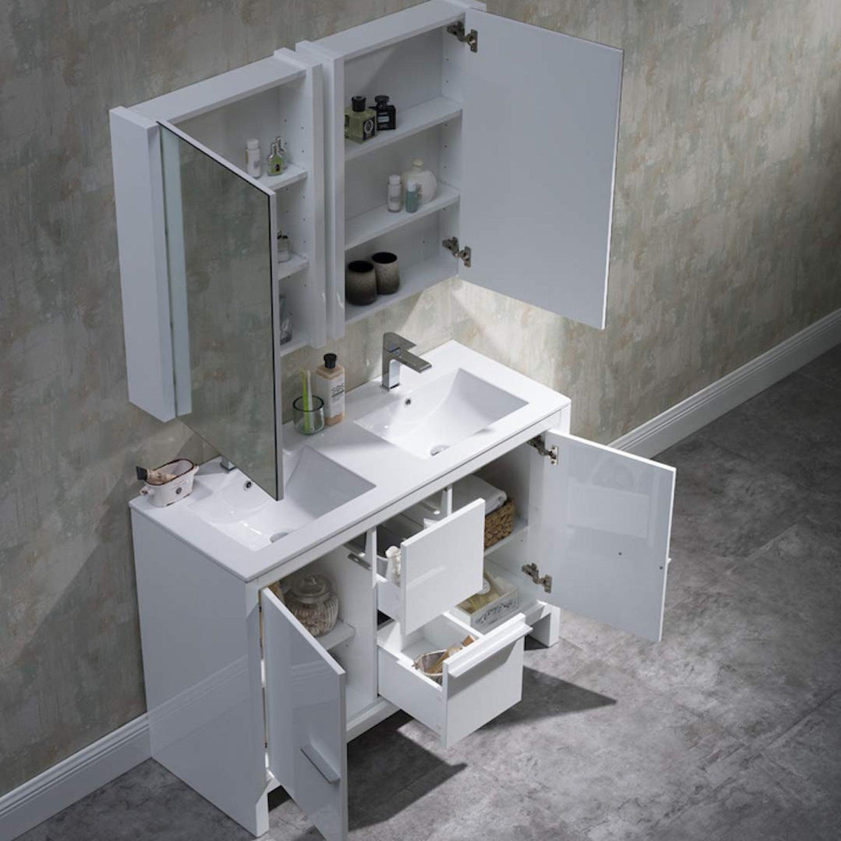 Blossom Milan 48" 2-Door 2-Drawer White Freestanding Vanity With Ceramic Drop-In Double Sinks And Mirrored Medicine Cabinet