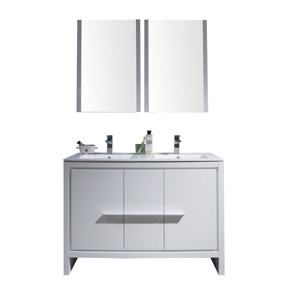 Blossom Milan 48" 2-Door 2-Drawer White Freestanding Vanity With Ceramic Drop-In Double Sinks And Mirrored Medicine Cabinet