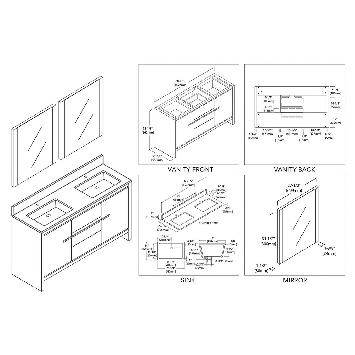 Blossom Milan 60" 2-Door 3-Drawer White Freestanding Vanity With Ceramic Drop-In Single Sink And Mirror