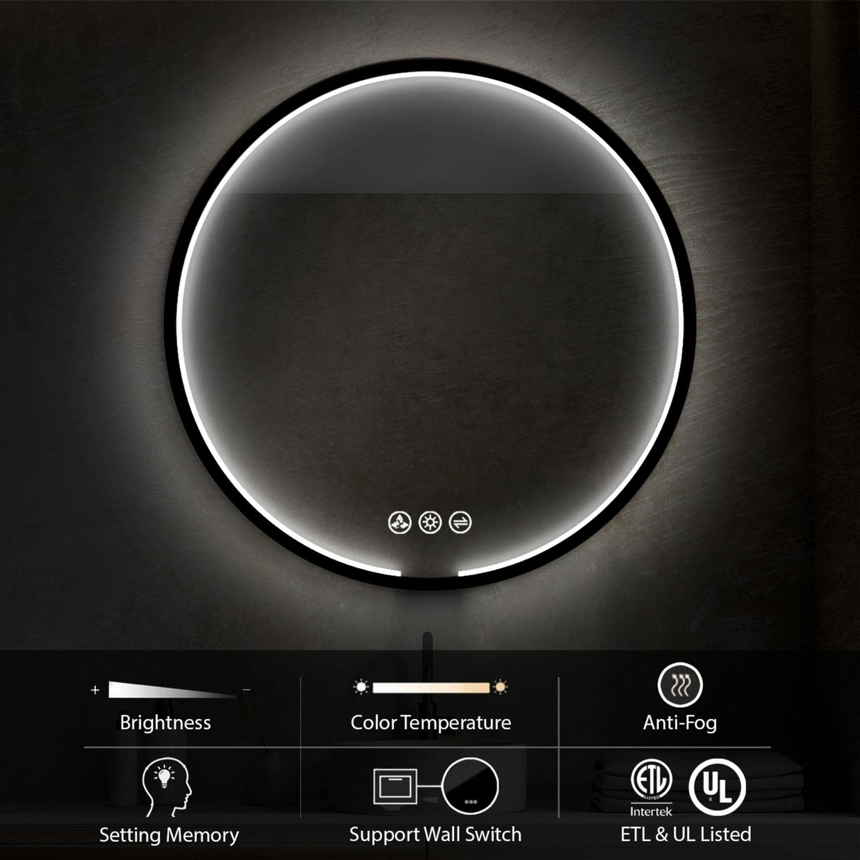 Blossom Oskar 36" Matte Black Wall-Mounted Framed Round LED Mirror