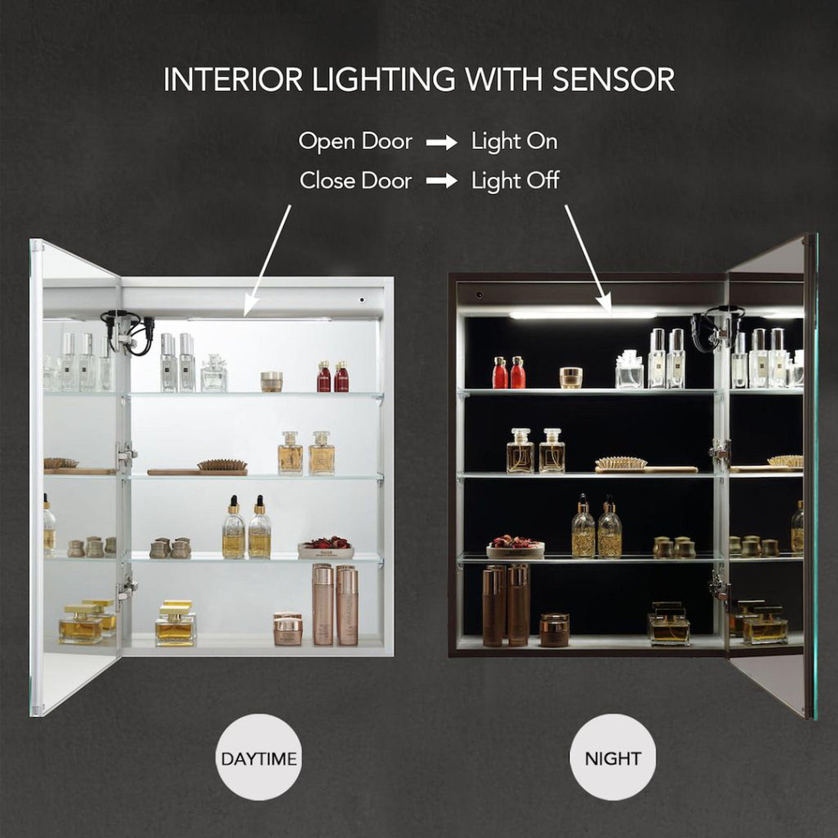 Blossom Pillar 24" Recessed or Surface Mount Left and Right-Hinged Door LED Mirror Medicine Cabinet Set Of 2 With Adjustable Glass Shelves, Built-In Defogger, Dimmer, USB & Electrical Outlet