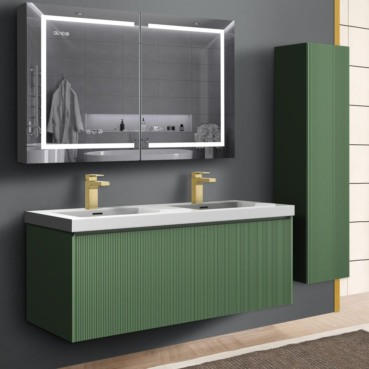 Blossom Positano 12" x 10" x 48" 1-Door Aventurine Green Wall-Mounted Side Cabinet With 1 Fixed Wood Shelve and 2 Adjustable Glass Shelves