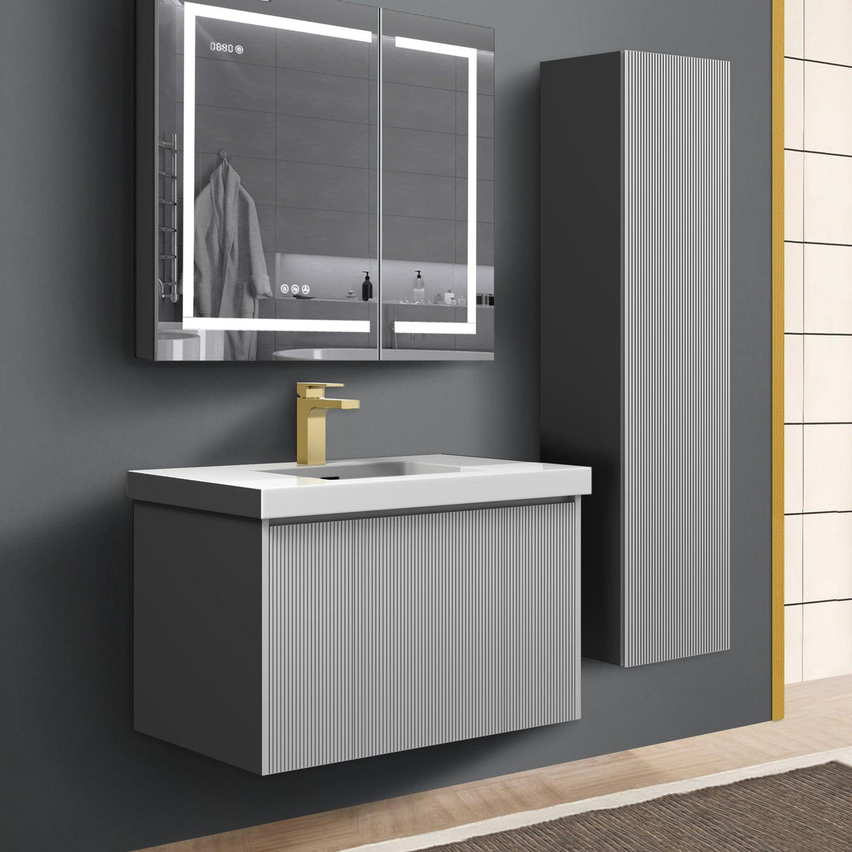 Blossom Positano 12" x 10" x 48" 1-Door Light Gray Wall-Mounted Side Cabinet With 1 Fixed Wood Shelve and 2 Adjustable Glass Shelves