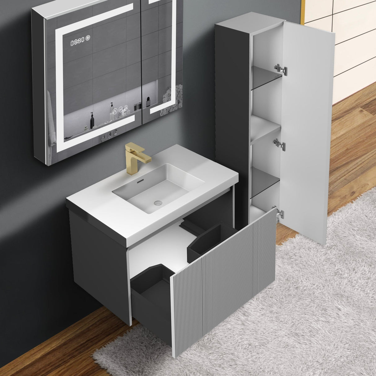 Blossom Positano 12" x 10" x 48" 1-Door Light Gray Wall-Mounted Side Cabinet With 1 Fixed Wood Shelve and 2 Adjustable Glass Shelves